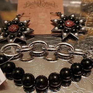 Lucky Brand Black Red Pearl Star Earrings. Ganz Silver and Black Bracelet.